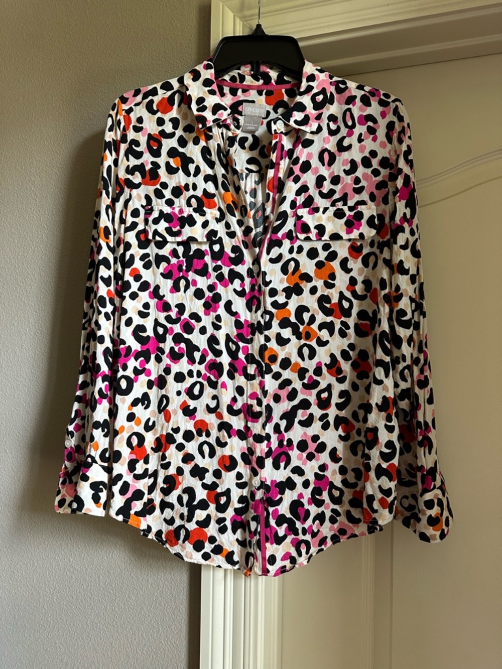 Chico's White Leopard-Print Button-Down with Pink & Orange Spots size 1